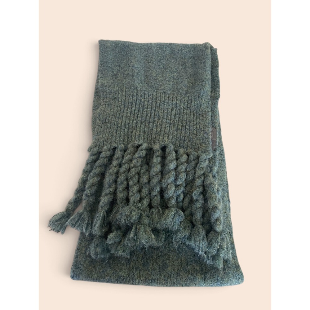Anthropologie Braided Fringe Scarf Blue/Green Marled Knit 12x86" Elevated Basic - Picture 3 of 5